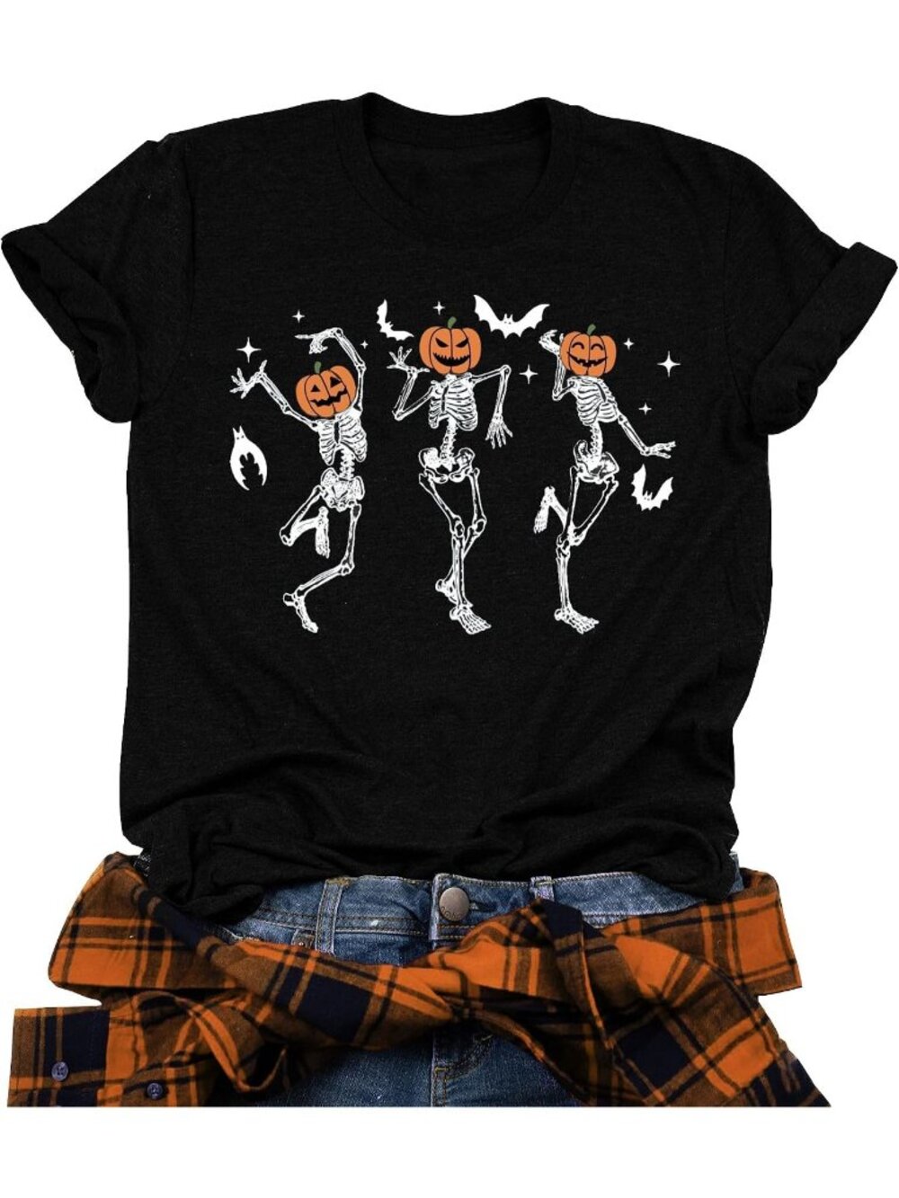 🆕 Women's Black Dancing Skeleton Pumpkin Halloween Tee Shirt